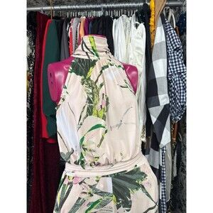 Ny&Co Pink Tropical Floral Sleeveless Halter Top Pant Jumpsuit Onesie sz Small